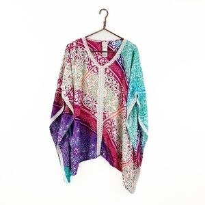Chicos Womens Small Medium Pink Blue Boho Print Poncho Shirt Short Sleeve Beach